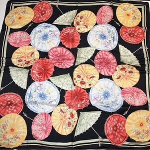 Talbots 100% Silk Scarf – Black with Multi-Colored Floral Parasols, Like New